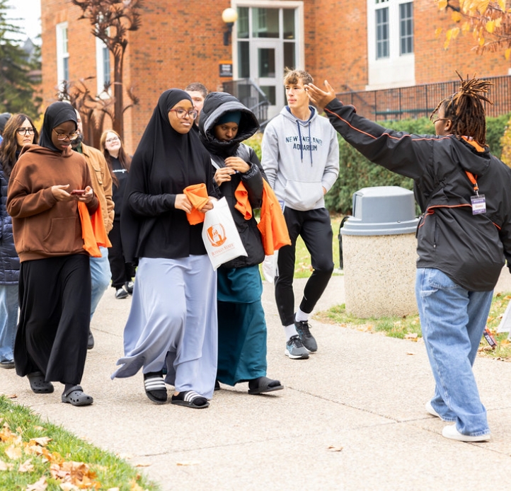 Students taking a campus tour